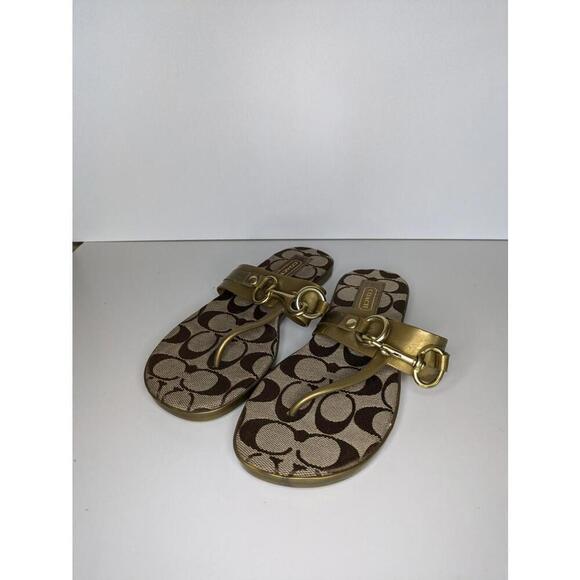 Coach Shoes - Coach RIKKI Jelly Thong Flat Sandals Brown Gold Coach Logo With Clasp Size 5.5B